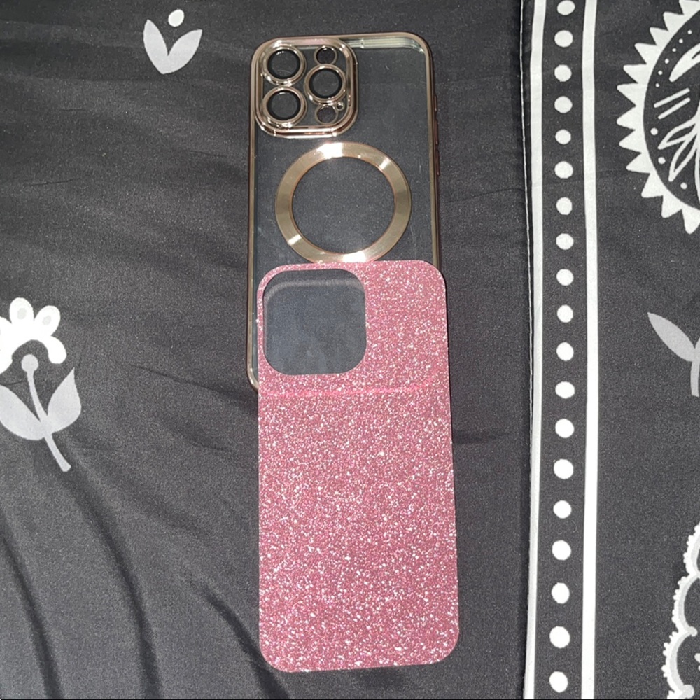 Glitter Pink IPhone 12 Plus Case with Clear Back and Glitter Background